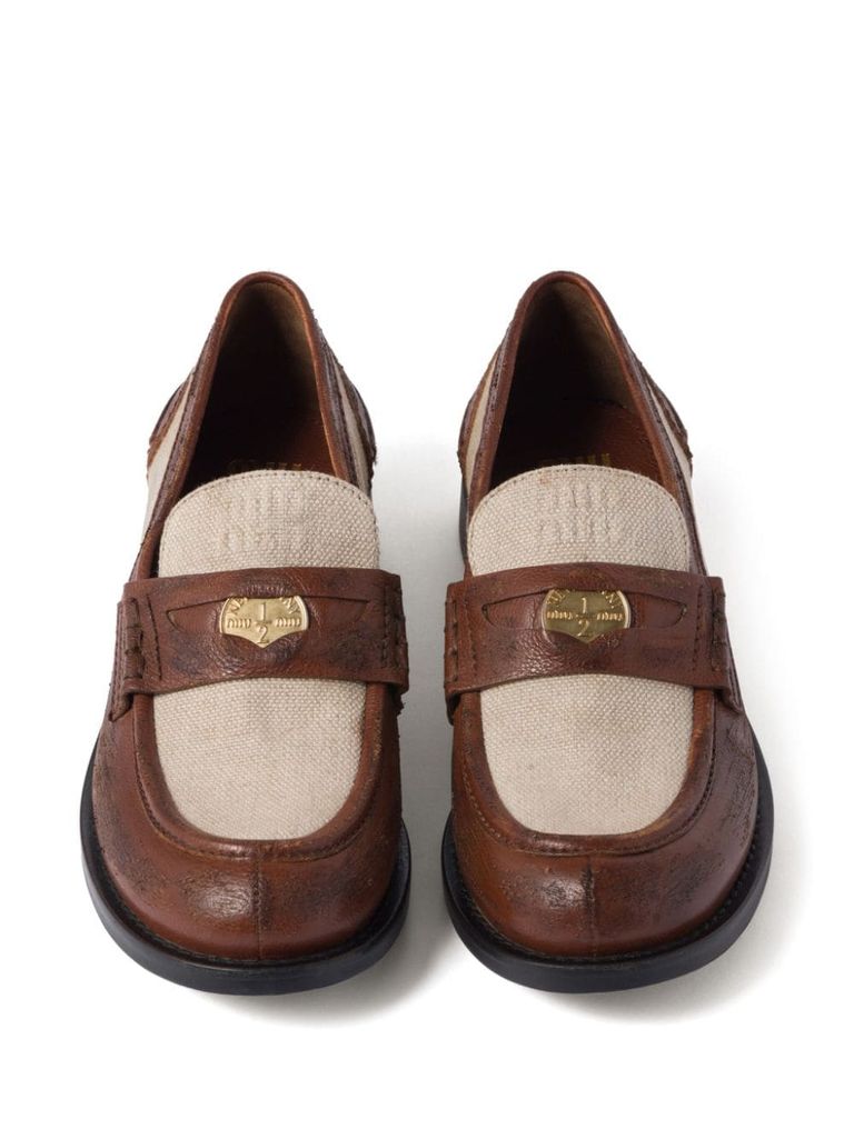 【関税&送料込】Miu Miu Two-Tone Leather Loafers Two-tone leather and linen loafers