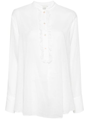 Henley blouse in cotton and silk voile with ruffles