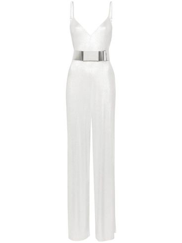 Long laminated jumpsuit with wide leg