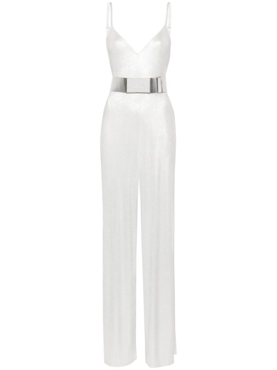 Long laminated jumpsuit with wide leg