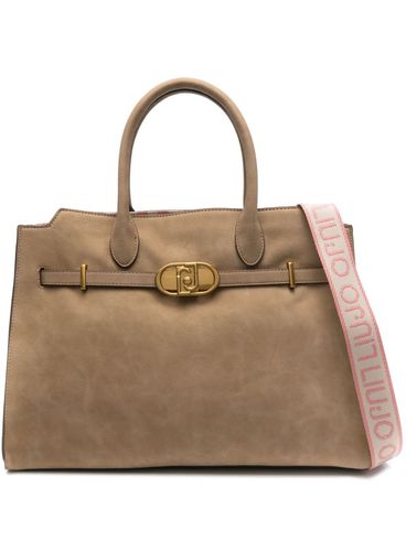 Synthetic leather tote bag with logo plaque and shoulder strap