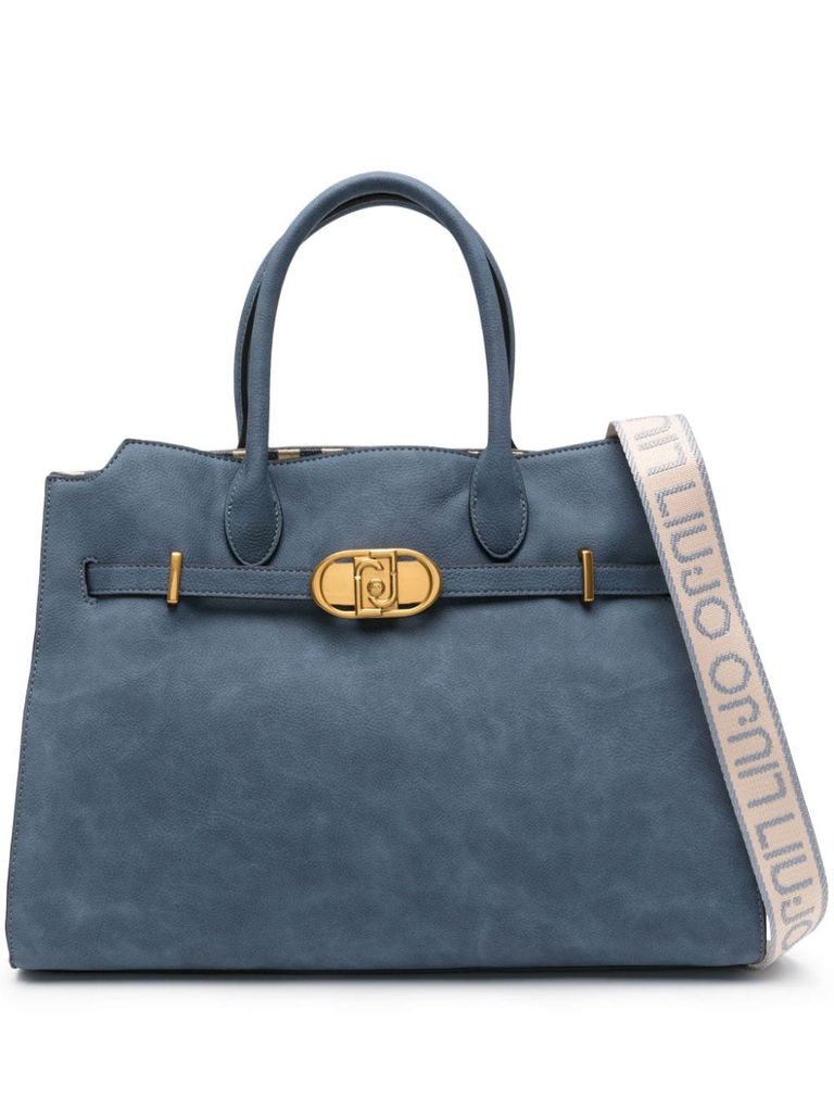 Synthetic leather tote bag with logo plaque and shoulder strap