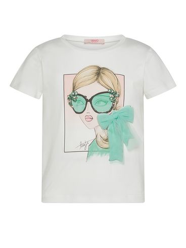 Cotton stretch T-shirt with print and bow