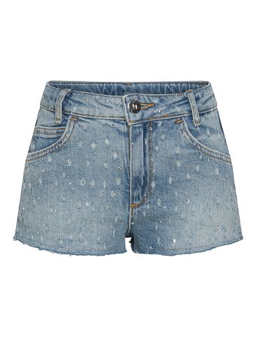 Shorts in denim con strass all-over