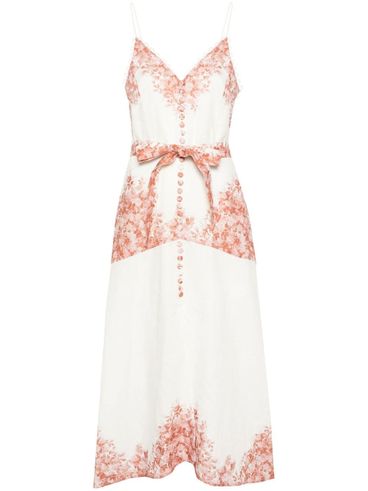 Linen midi dress with asymmetric floral hem