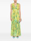 Long jumpsuit with tie-dye pattern and ruches