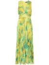 Long jumpsuit with tie-dye pattern and ruches