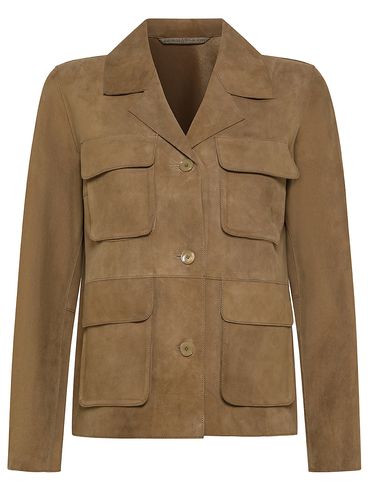 Suede leather jacket with multiple pockets