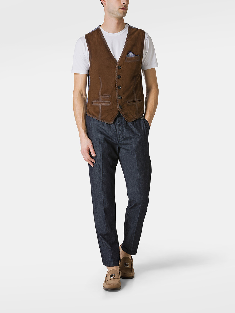 Suede and cotton vest with pocket square
