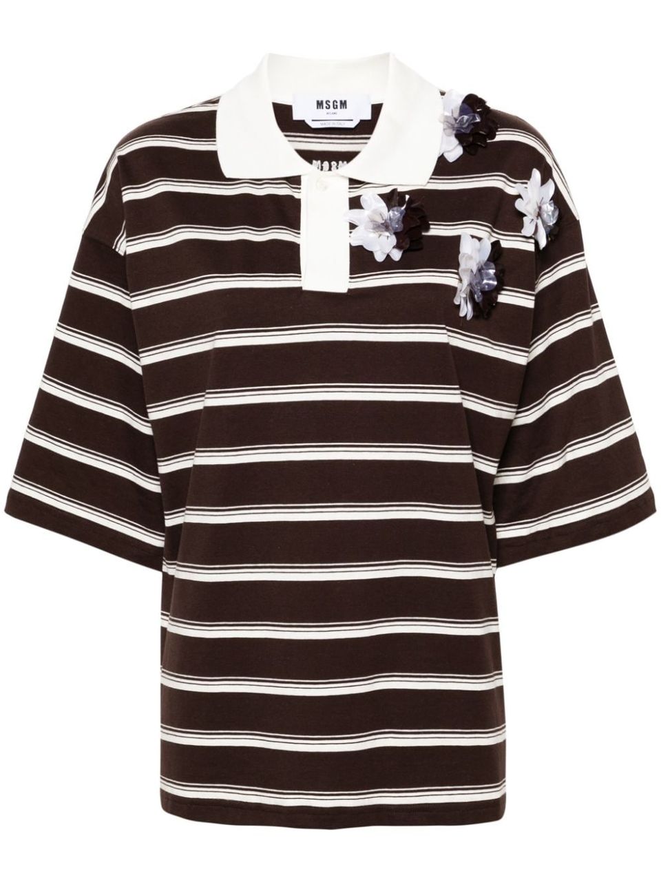 Striped cotton polo shirt with applied flowers