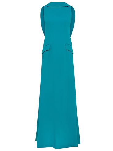 Long Satin Dress with Round Neckline and Ruffle