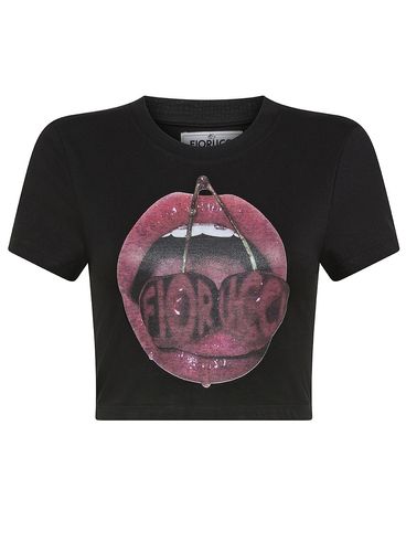 Cotton Stretch T-shirt with Mouth and Cherry Print