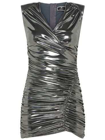 Metallic jersey mini dress with structured shoulders