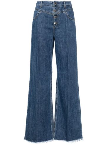 Flared Cotton Jeans with Frayed Hem
