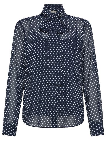 Blouse with Polka Dot Print and Bow Collar