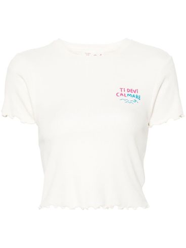 Short Cotton Stretch T-shirt with Wavy Hem and Printed Text