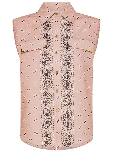 Sleeveless linen and cotton shirt with paisley print