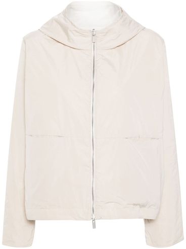 Reversible jacket with hood and high collar