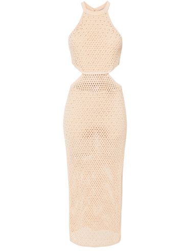 Perforated linen and cotton midi dress with rhinestones