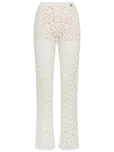 Flared Cotton Pants with Crocheted Flower Details