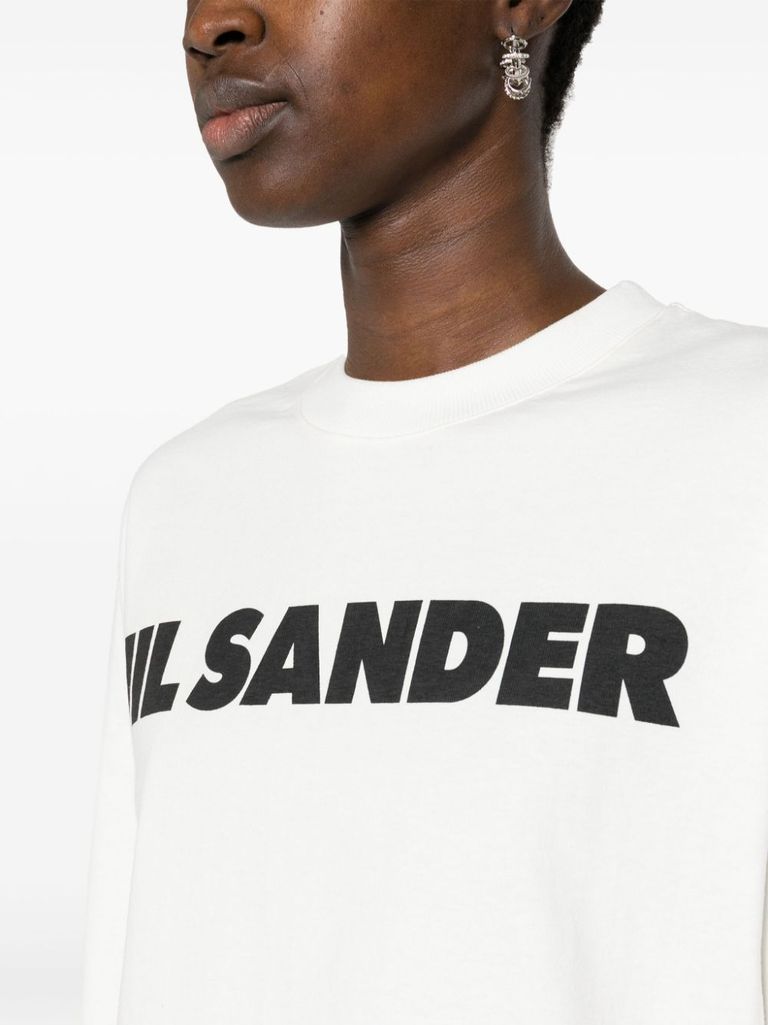 Shop Jil Sander Cotton T-shirt With Front Logo Print And Long Sleeves In Bianco