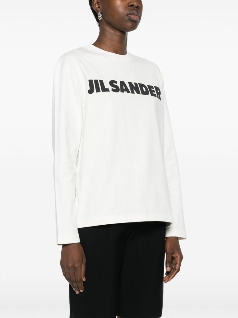 Shop Jil Sander Cotton T-shirt With Front Logo Print And Long Sleeves In Bianco