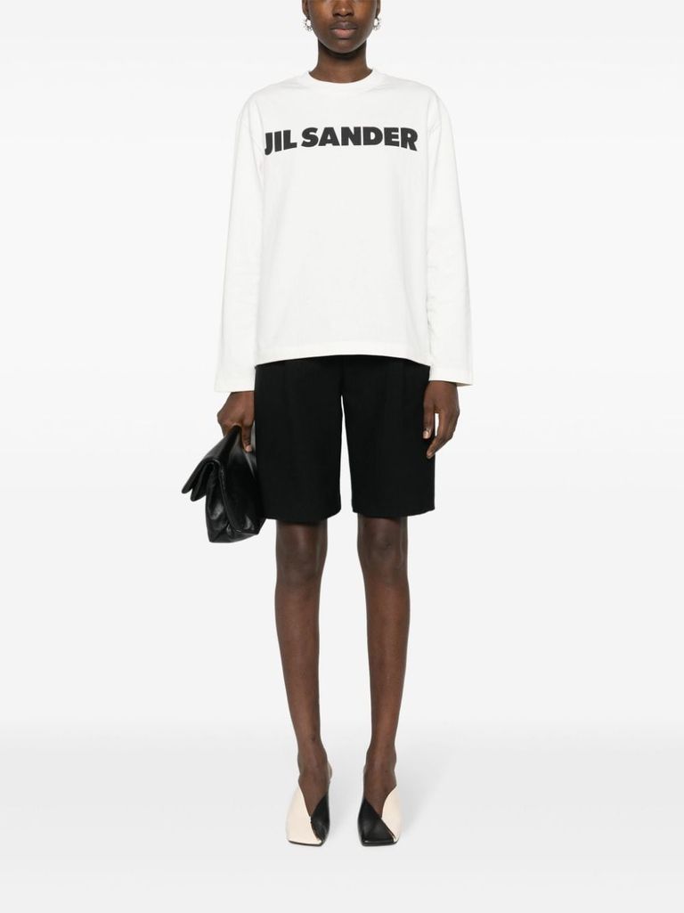 Shop Jil Sander Cotton T-shirt With Front Logo Print And Long Sleeves In Bianco