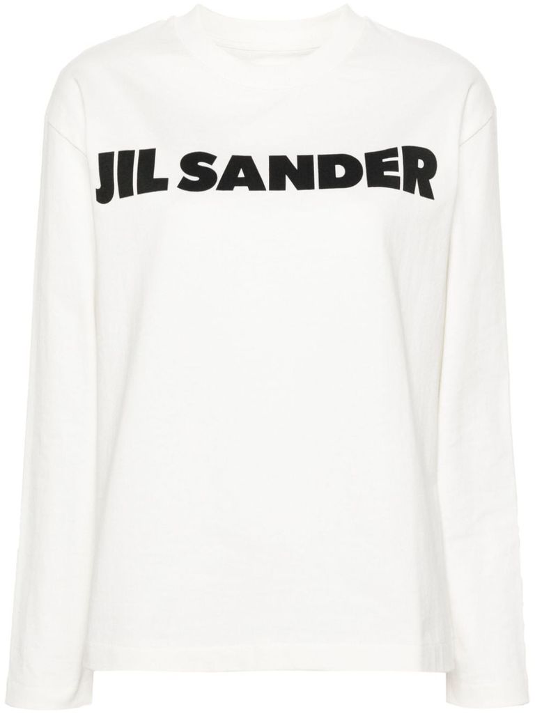 Shop Jil Sander Cotton T-shirt With Front Logo Print And Long Sleeves In Bianco