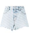 Shorts in denim stampa logo e orlo sfrangiato