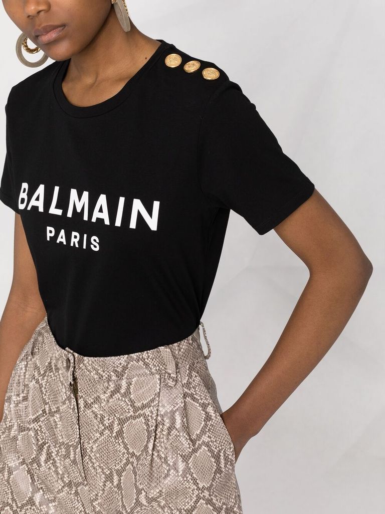 Shop Balmain Cotton T-shirt With Front Printed Logo And Buttons In Nero