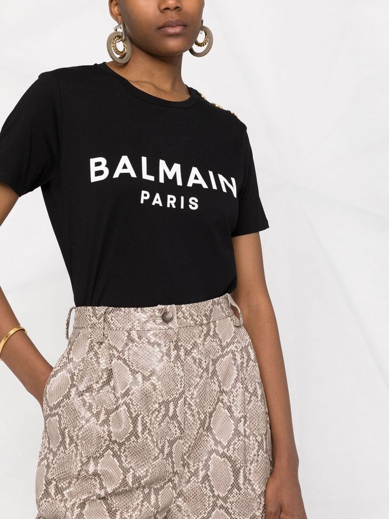 Shop Balmain Cotton T-shirt With Front Printed Logo And Buttons In Nero