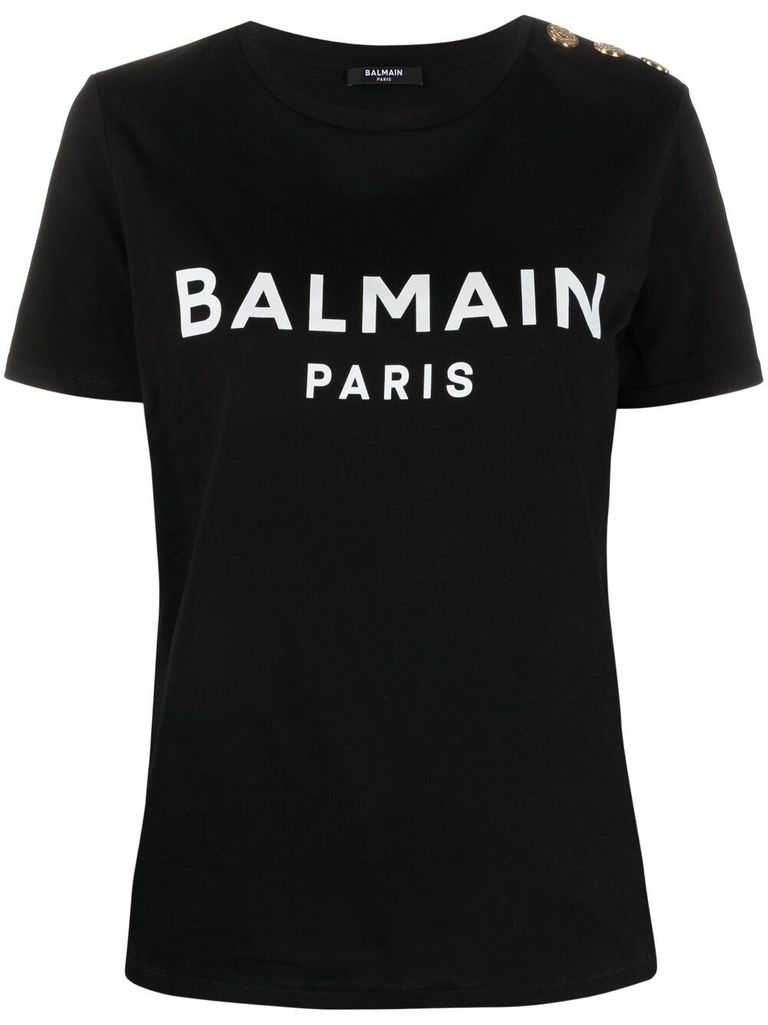 Shop Balmain Cotton T-shirt With Front Printed Logo And Buttons In Nero