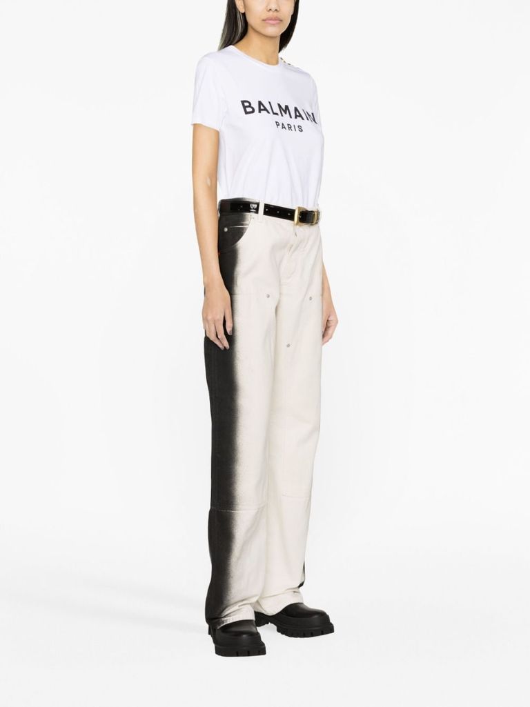 Shop Balmain Cotton T-shirt With Front Printed Logo And Buttons In Bianco