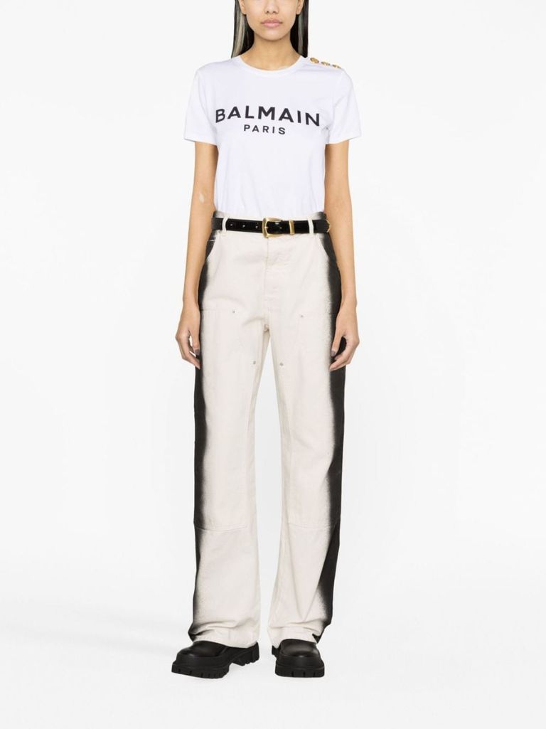 Shop Balmain Cotton T-shirt With Front Printed Logo And Buttons In Bianco