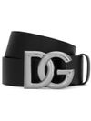 Calf leather belt with silver logo buckle