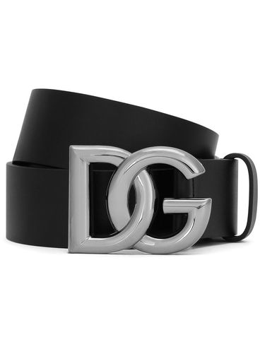 Calf leather belt with silver logo buckle