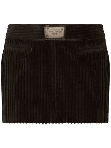Ribbed velvet cotton miniskirt with front logo plaque