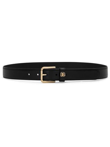 Calf leather belt with gold logo plaque