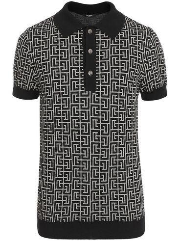 Short-sleeved wool and linen polo shirt with print