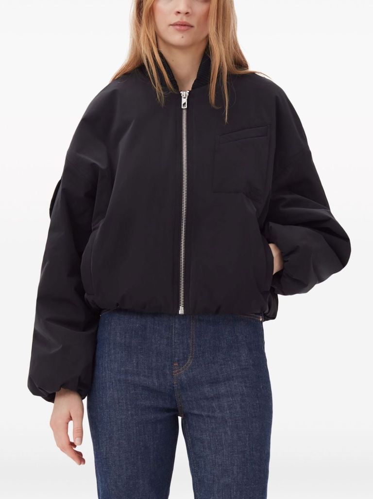 Shop Ganni Bomber Jacket With Low Shoulder Sleeves In Recycled Fabric In Nero