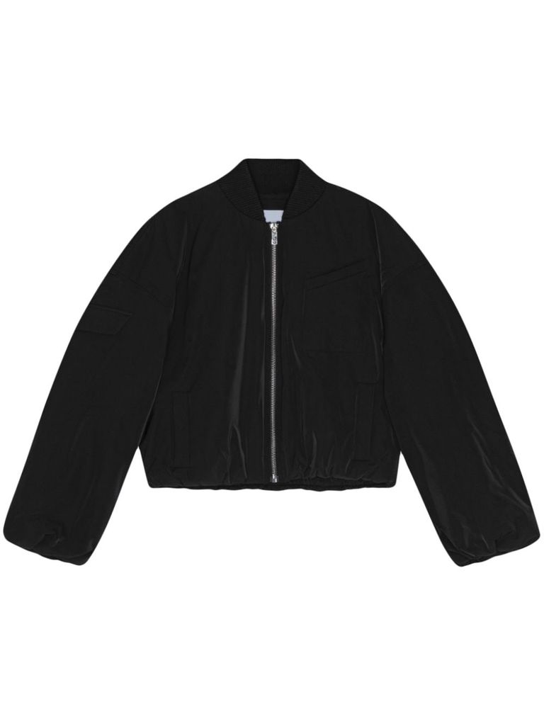 Shop Ganni Bomber Jacket With Low Shoulder Sleeves In Recycled Fabric In Nero