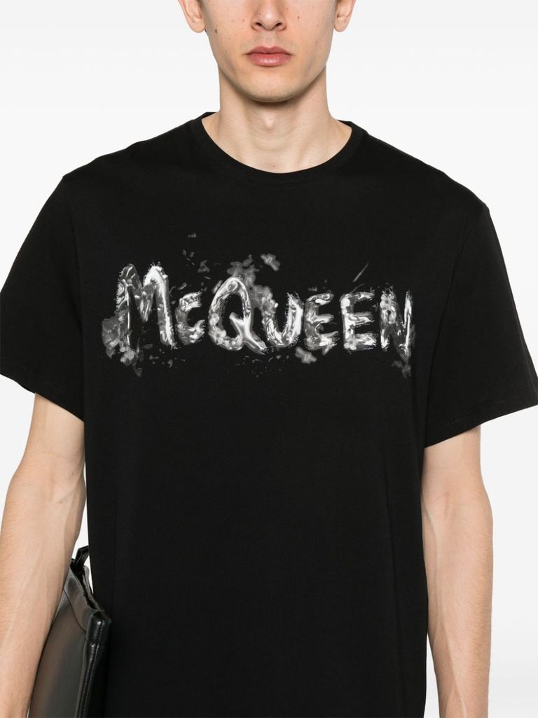 Shop Alexander Mcqueen Cotton T-shirt With Front Logo Print In Nero