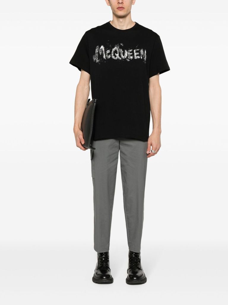 Shop Alexander Mcqueen Cotton T-shirt With Front Logo Print In Nero