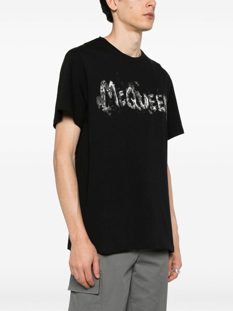 Shop Alexander Mcqueen Cotton T-shirt With Front Logo Print In Nero