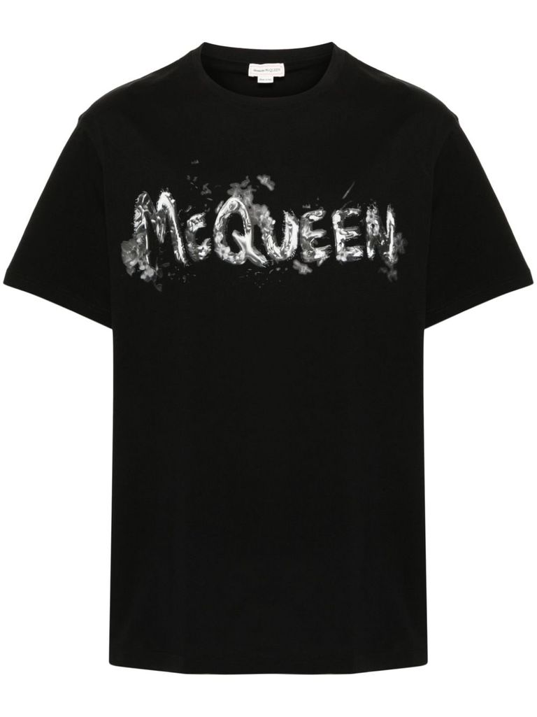 Shop Alexander Mcqueen Cotton T-shirt With Front Logo Print In Nero