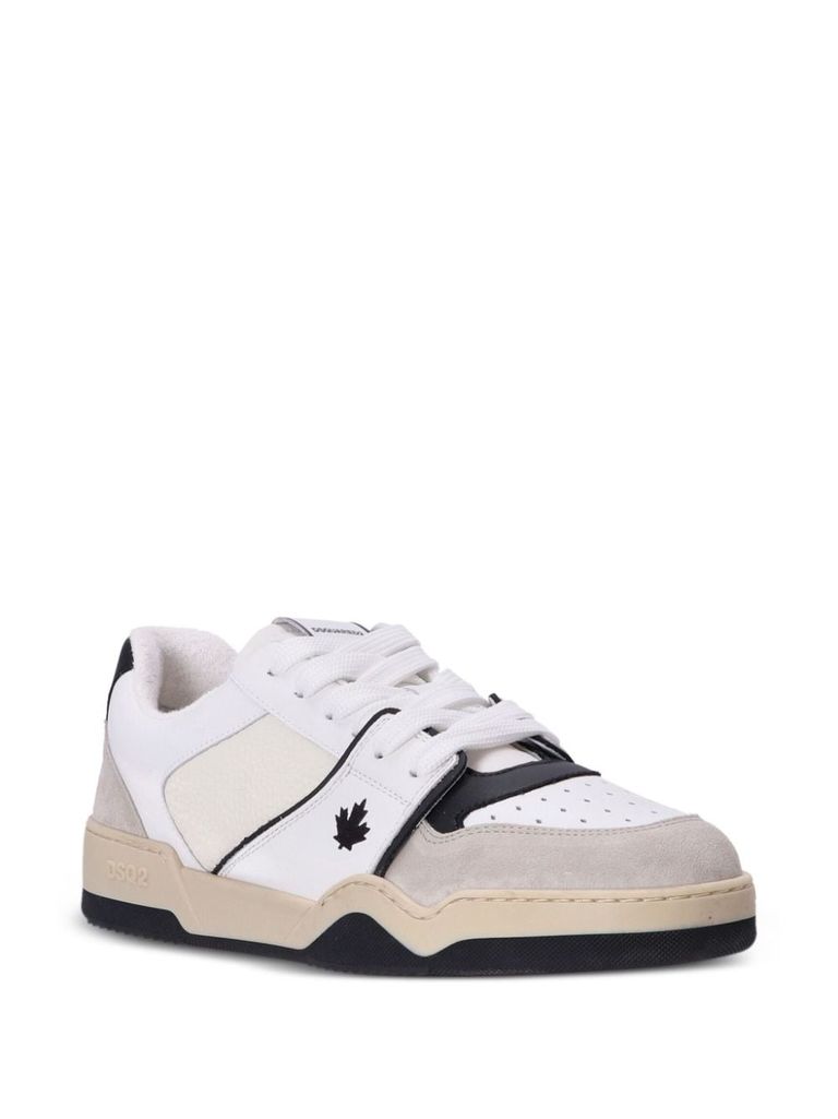 Shop Dsquared2 Spiker Sneakers In Calf Leather With Embroidered Maple Leaf. In Bianco