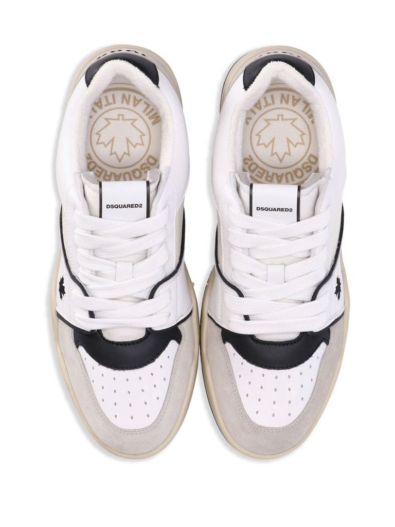 Shop Dsquared2 Spiker Sneakers In Calf Leather With Embroidered Maple Leaf. In Bianco