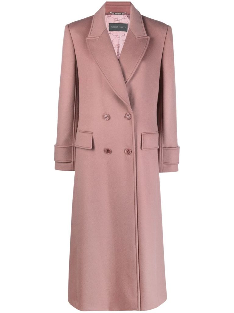 Shop Alberta Ferretti Double-breasted Long Coat In Virgin Wool And Cashmere In Rosa