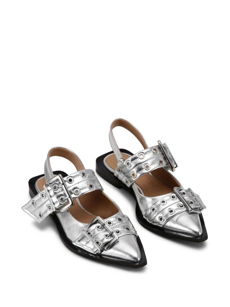 Shop Ganni Ballet Flats In Recycled Material With Two Straps. In Argento