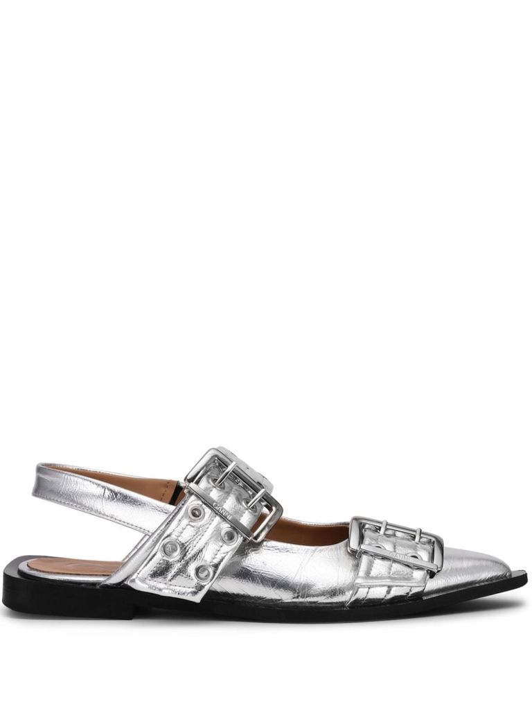 Shop Ganni Ballet Flats In Recycled Material With Two Straps. In Argento